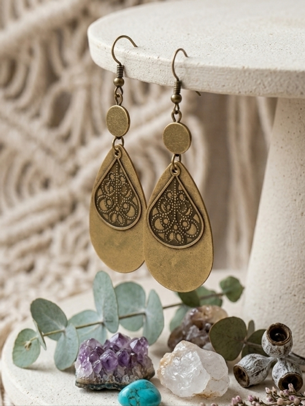Bronze Alloy Vintage Cottagecore Teardrop Filigree Dangle Drop Earrings Boho NWT